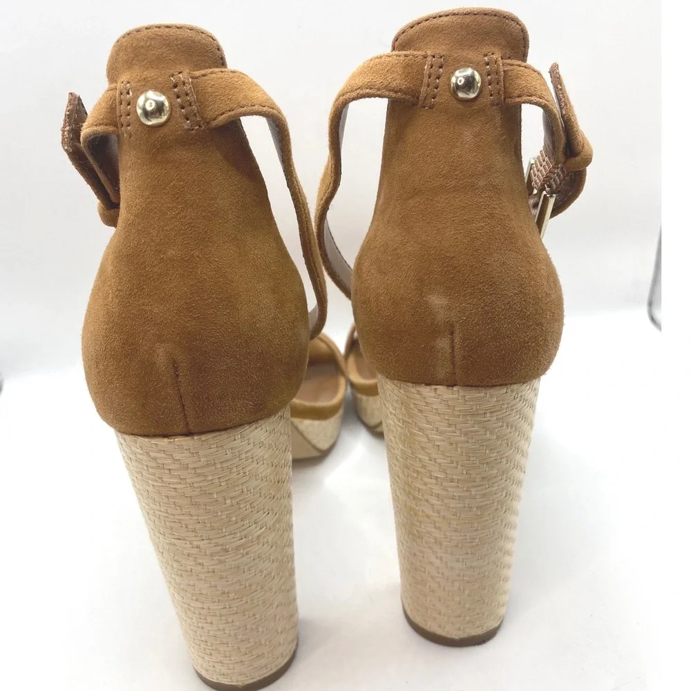 Nine West Womens Tan Suede Raffia Block Heel Platform Sandals Size‎ 8M Brown